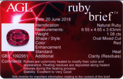 1.08ct Ruby Colored Gemstone AGL Certificate