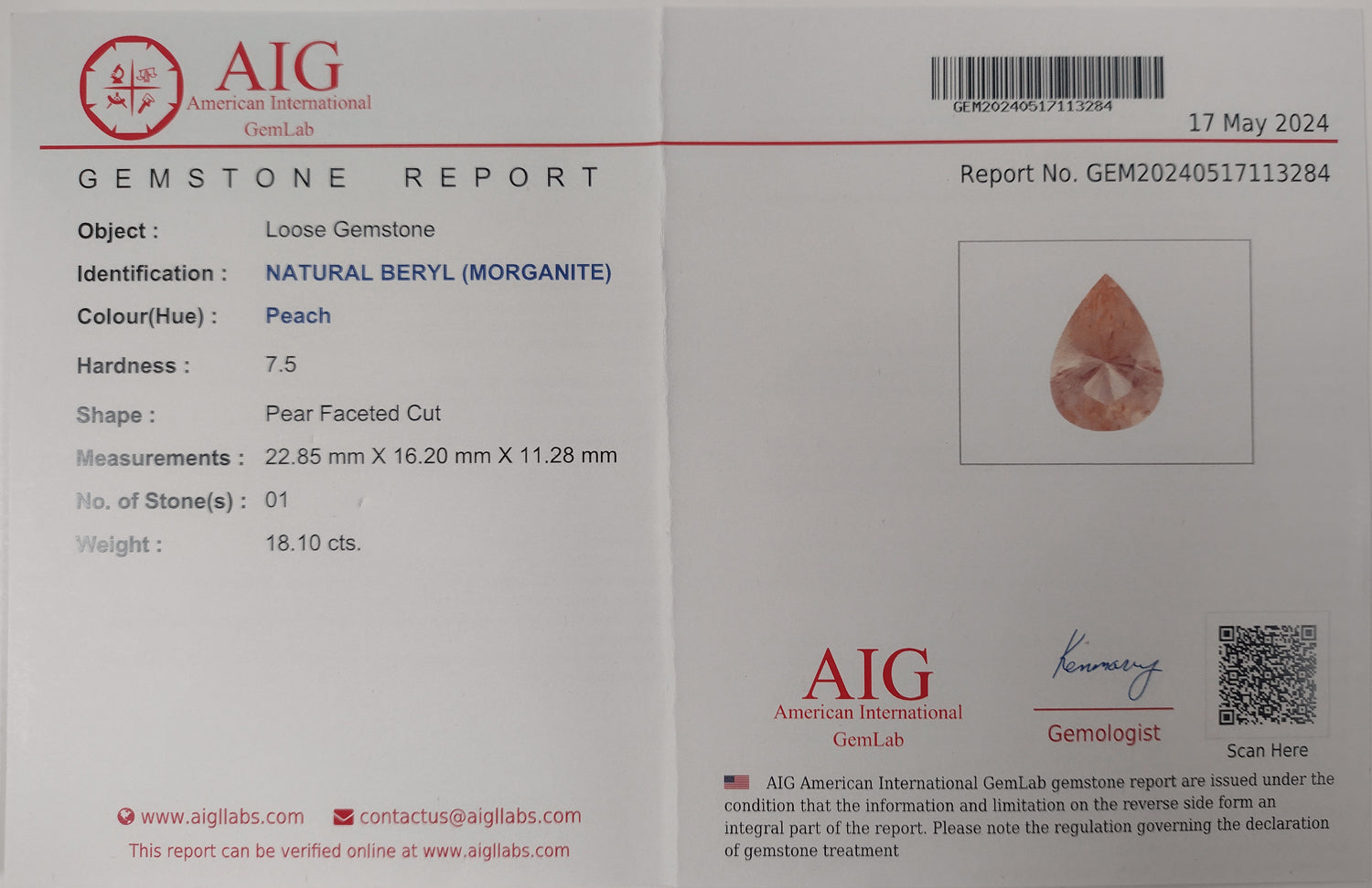 18.10ct Morganite Colored Gemstone AIG Certificate