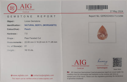 18.10ct Morganite Colored Gemstone AIG Certificate