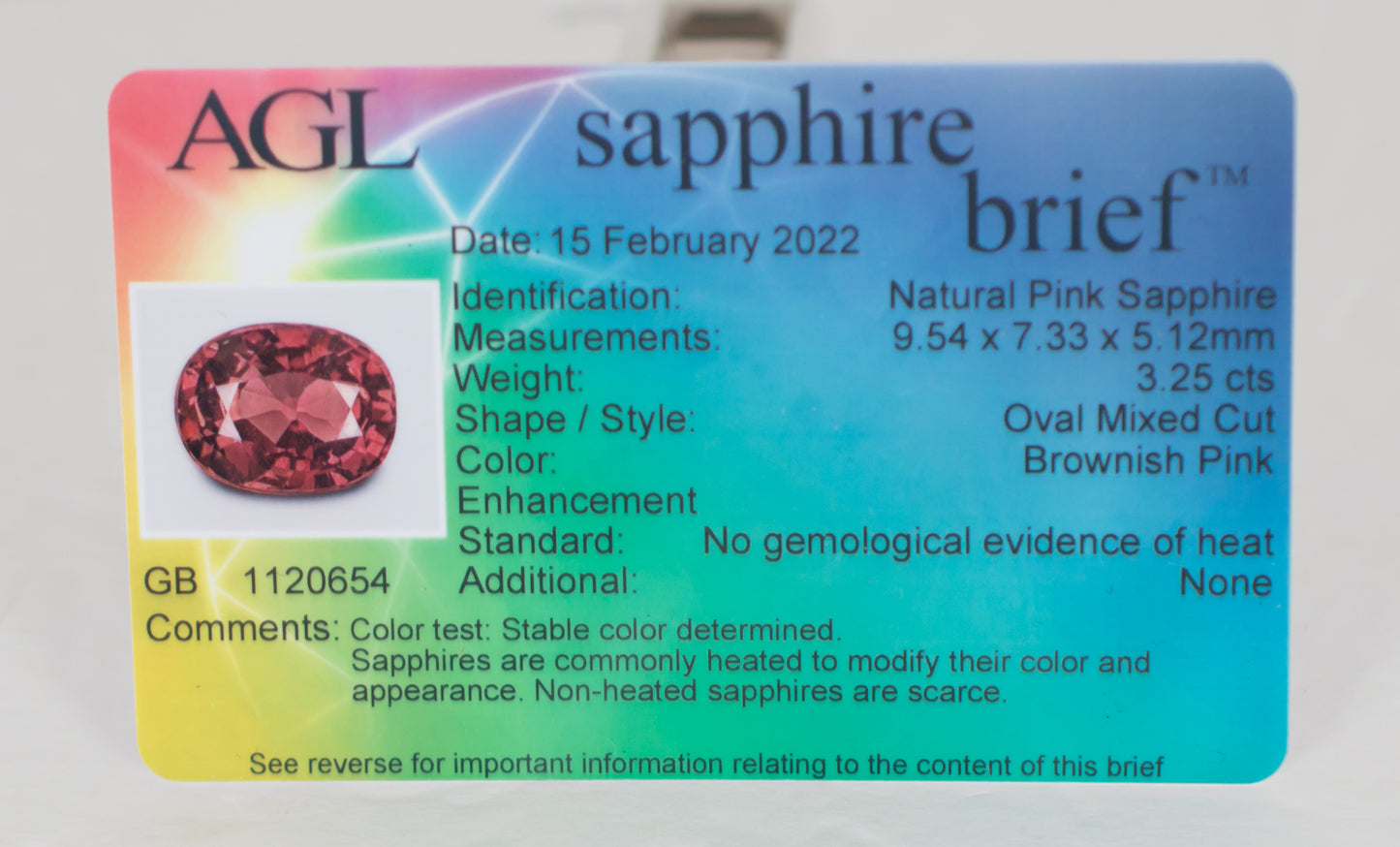 3.25ct Pink Sapphire Colored Gemstone AGL Certificate